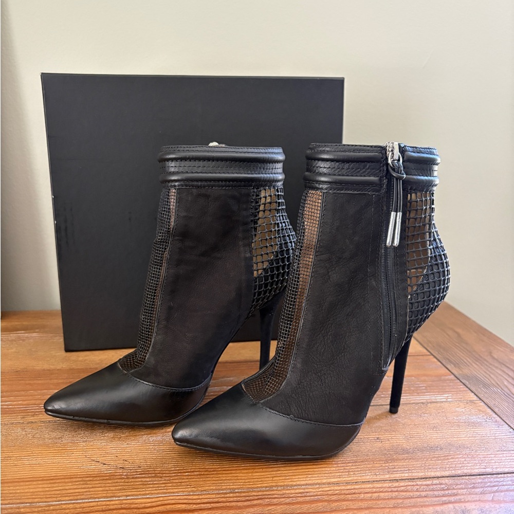 L.A.M.B. Black Pointed Mesh & Leather Ankle Boots